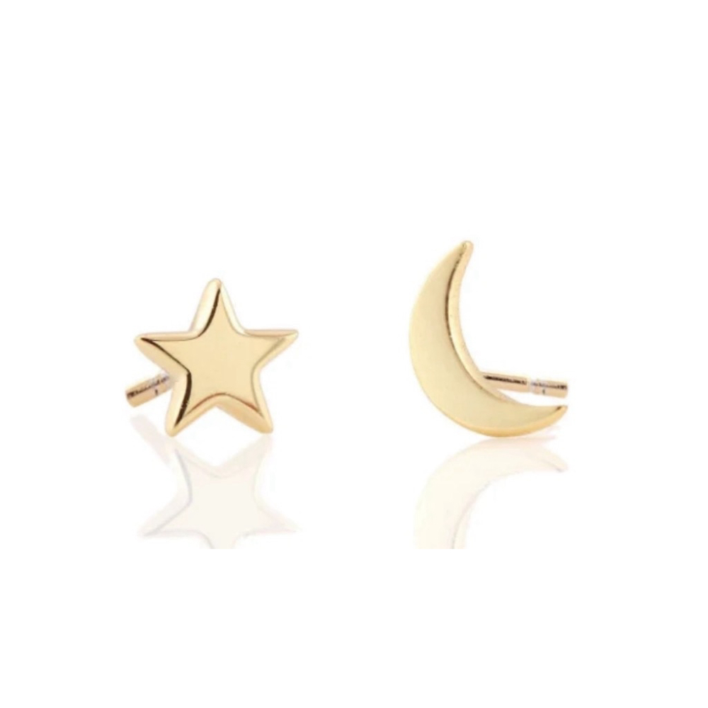 NEW Unisex Asymmetric Gold Plated S925 Moon and Star Stud‎ Earrings